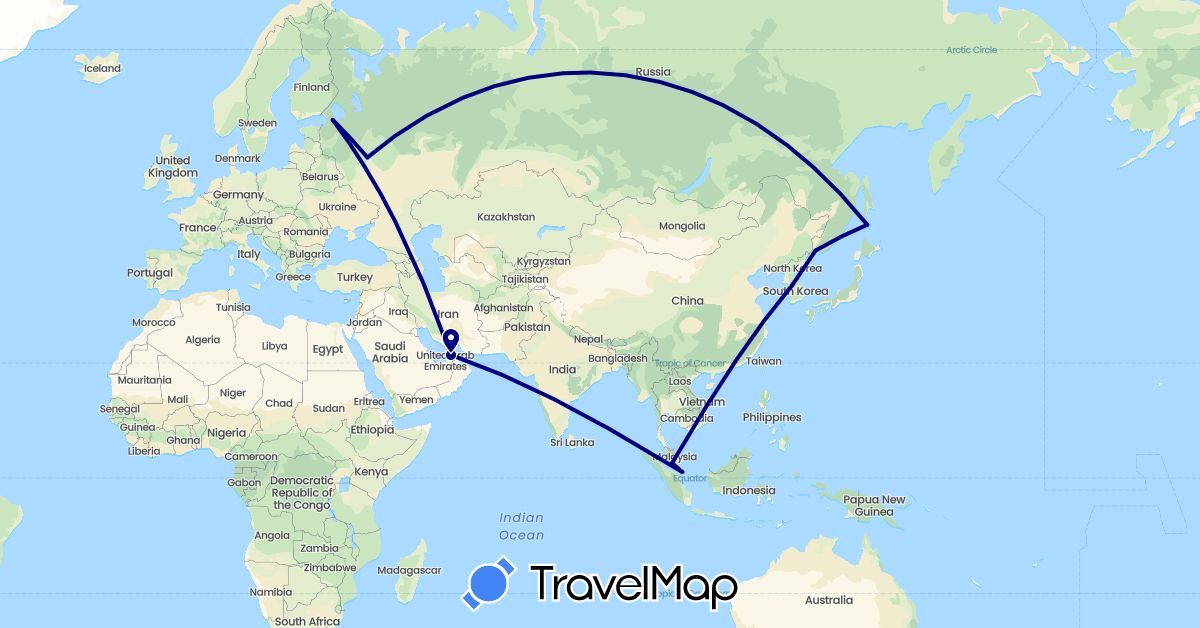 TravelMap itinerary: driving in United Arab Emirates, South Korea, Malaysia, Russia, Singapore (Asia, Europe)